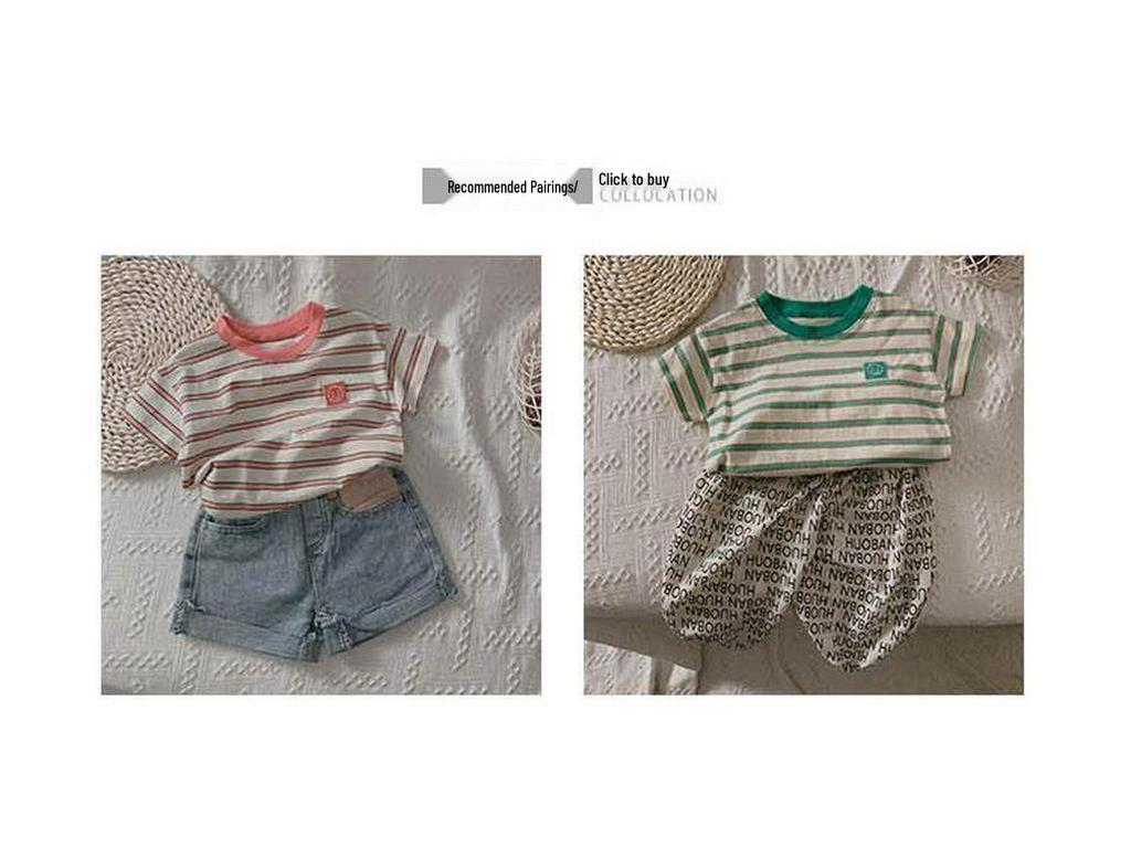 Vielseitiges gestreiftes Leinen-Baumwoll-T-Shirt für Jungen & Mädchen – Kurzarm, Koreanischer Stil, Lockere Passform, Colorblock-Design, Sommer-Modetop.