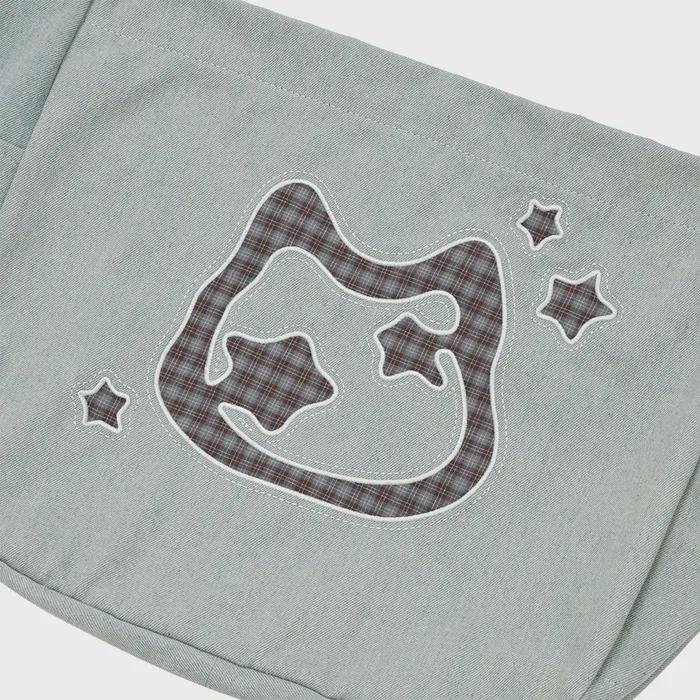 Cat Symbol Applique Washed Crossbody Bag LIGHT BLUE