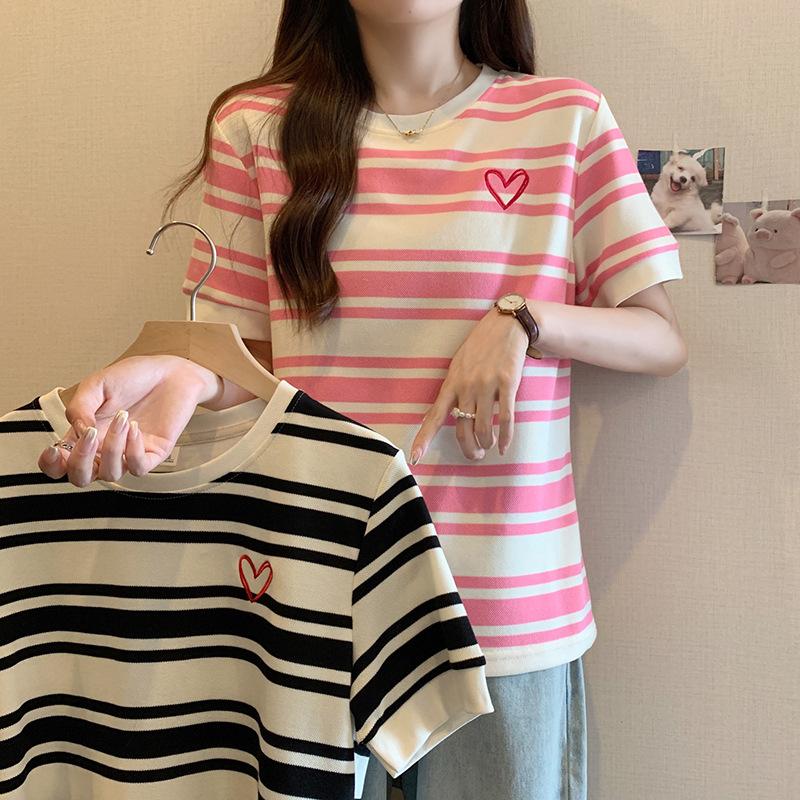 Hong Kong style chic pink striped love round neck short-sleeved T-shirt women's summer new design sense niche loose top