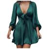 Women Fashion Casual Elegant Bandage Bishop Sleeve Soild Deep V-Neck Dress