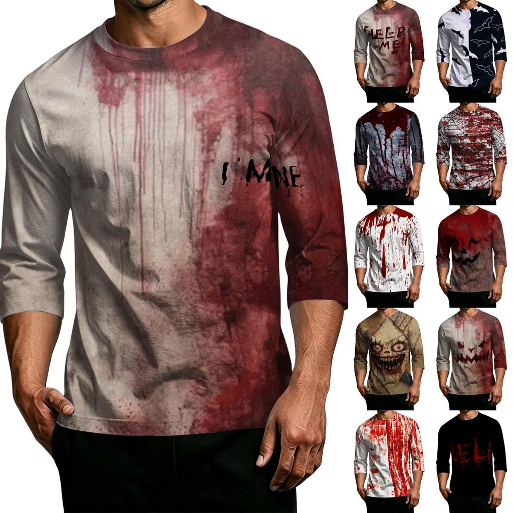 Men's Casual Halloween Print Crew Neck T Shirt Three Quarter Sleeve Top Comfortable Fit Lightweight Fabric Suitable for Everyday Wear