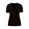 Women S Casual Short Sleeve V Neck Lace Up Solid Color T Shirt