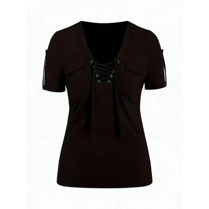 Women S Casual Short Sleeve V Neck Lace Up Solid Color T Shirt
