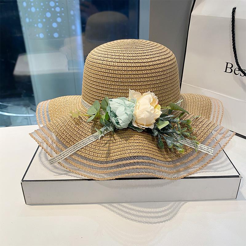 Straw Hat Women's Summer Sweet Big Eave Beach Hat Sun Hat Women's Summer Fashionable Flower Sun Hat Children
