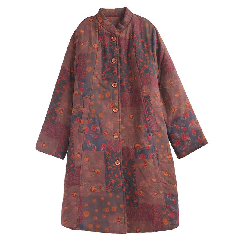 Johnature Women Vintage Stand Print Floral Button Long Sleeve Coats Winter Warm Chinese Style Female Coats