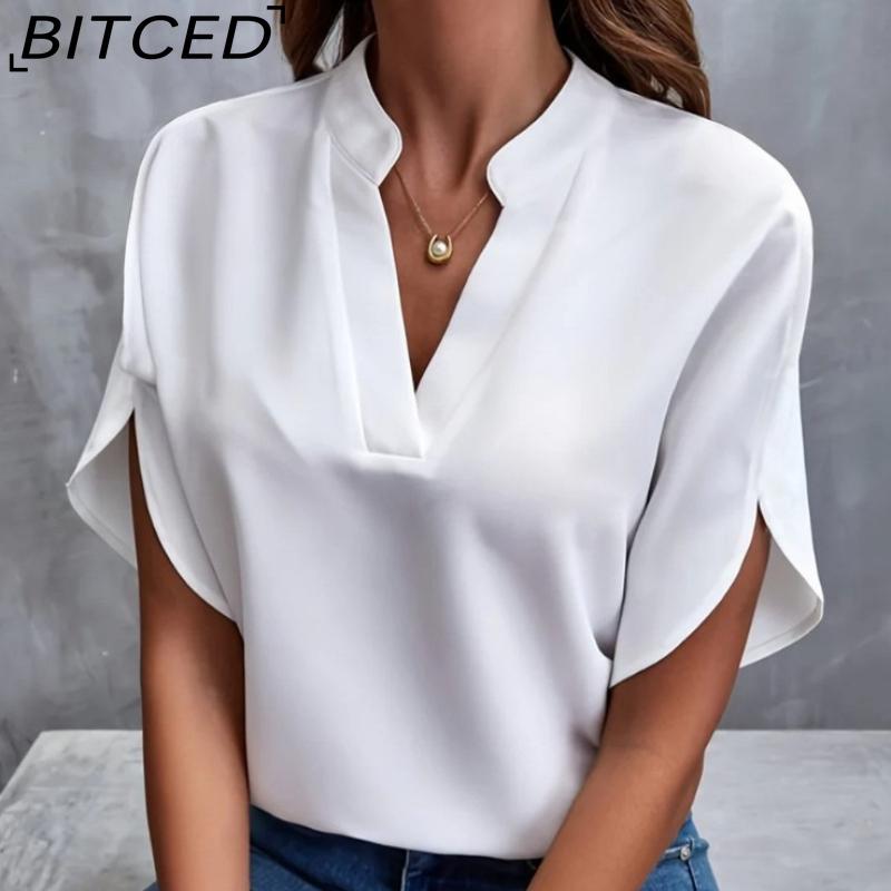 

Літня сорочка BITCED з V-подібним вирізом для жінок - Однотонний повсякденний светр з коротким рукавом XL білий