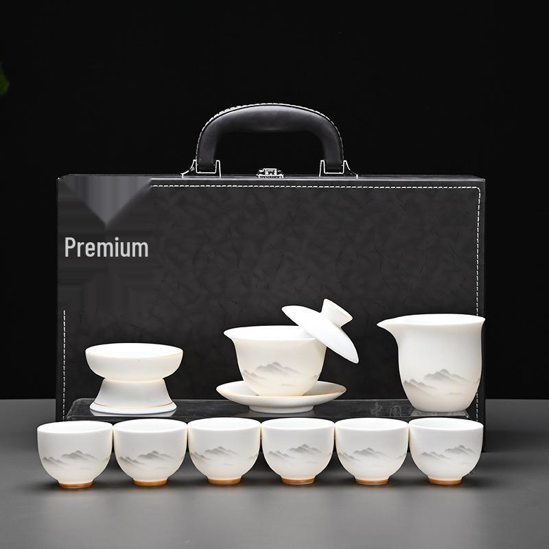 Kung Fu Mutton Fat Jade Gaiwan Teapot Set - Gold-Painted Luxury Tea Set