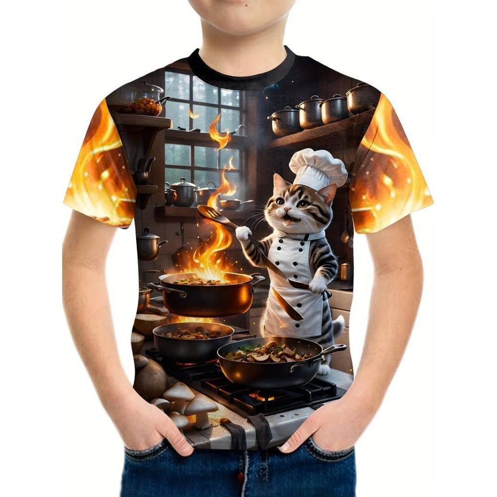 3D-printed matching T-shirts for boys and girls: short-sleeved summer children’s crew-neck tops
