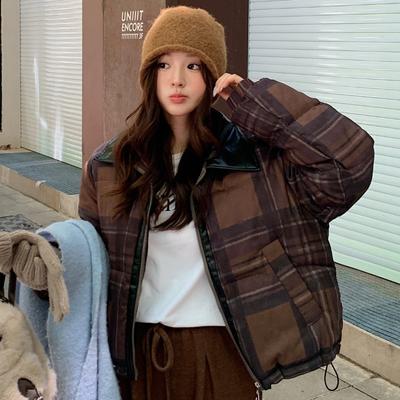 Winter New Lapel Casual Fashion Cotton Coat Women's Contrasting Color Plaid Bread Clothes Short Splicing Cotton Clothes