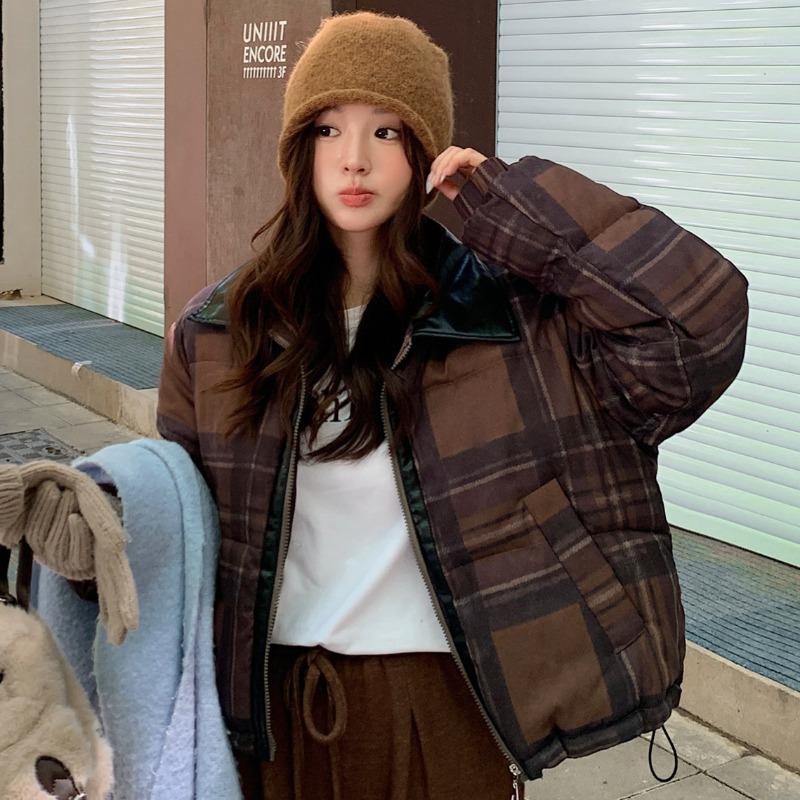 Winter new lapel casual fashion cotton coat women's contrasting color plaid bread clothes short splicing cotton clothes