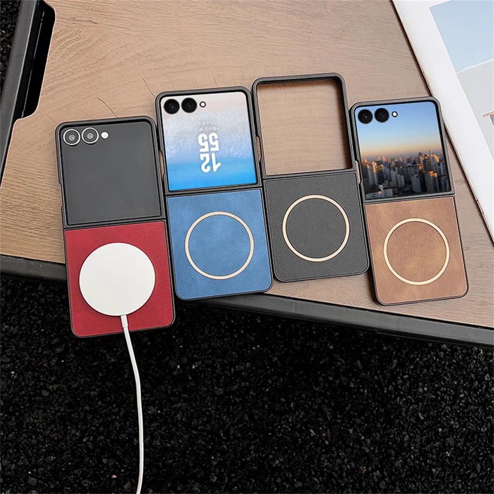 Custodia Sottile Magnetica di Lusso in Pelle per Samsung Galaxy Z Flip 7 FE 6 5 con Magsafe Copertura Morbida Sottile
