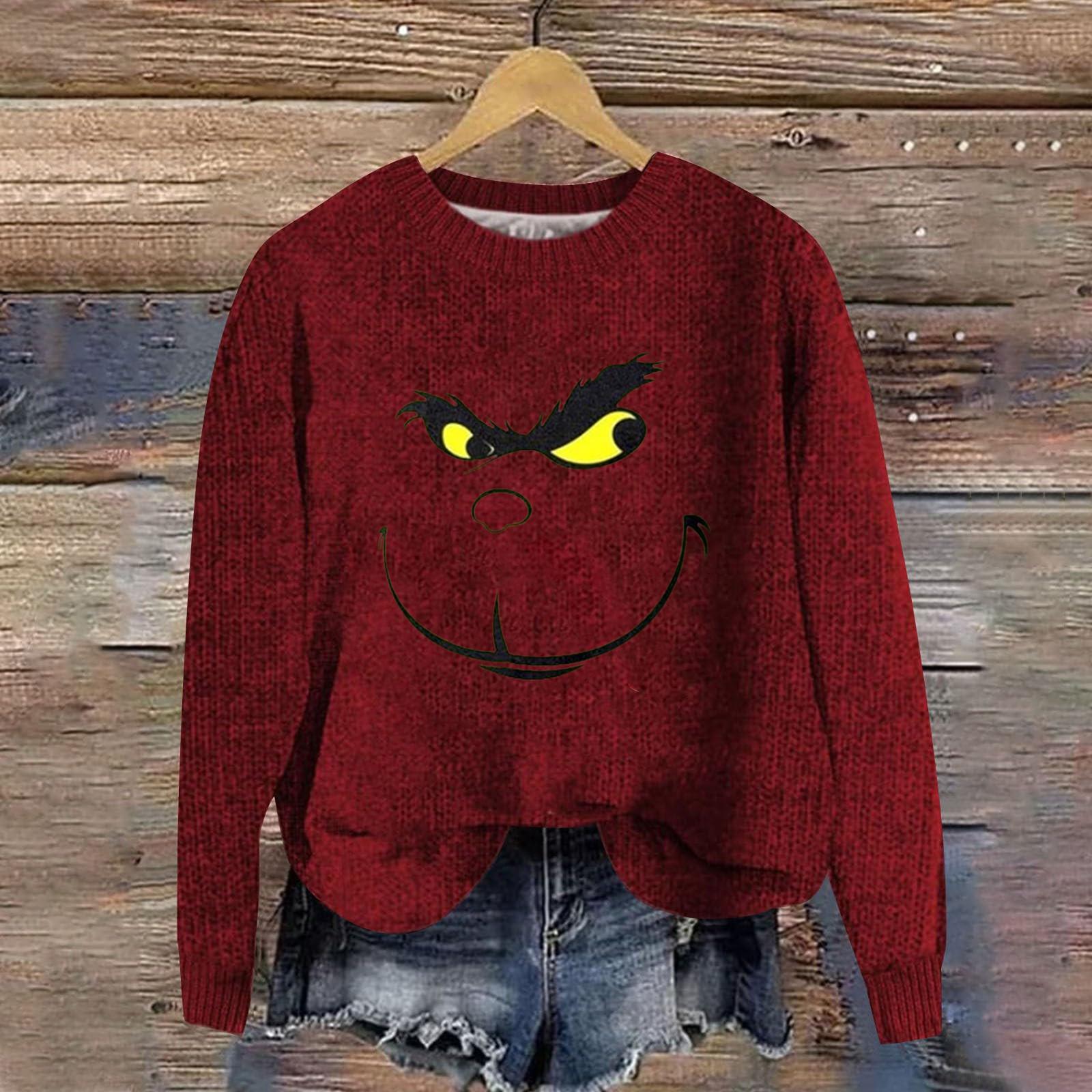 

Жіночий модний повсякденний вовняний пуловер з довгим рукавом і різдвяним принтом M винний