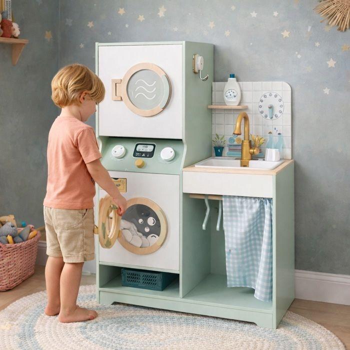 Machine à laver enfant en bois - GINGER HOME - 3 en 1 lave/sèche/évier - Tambour rotatif - Bois écologique