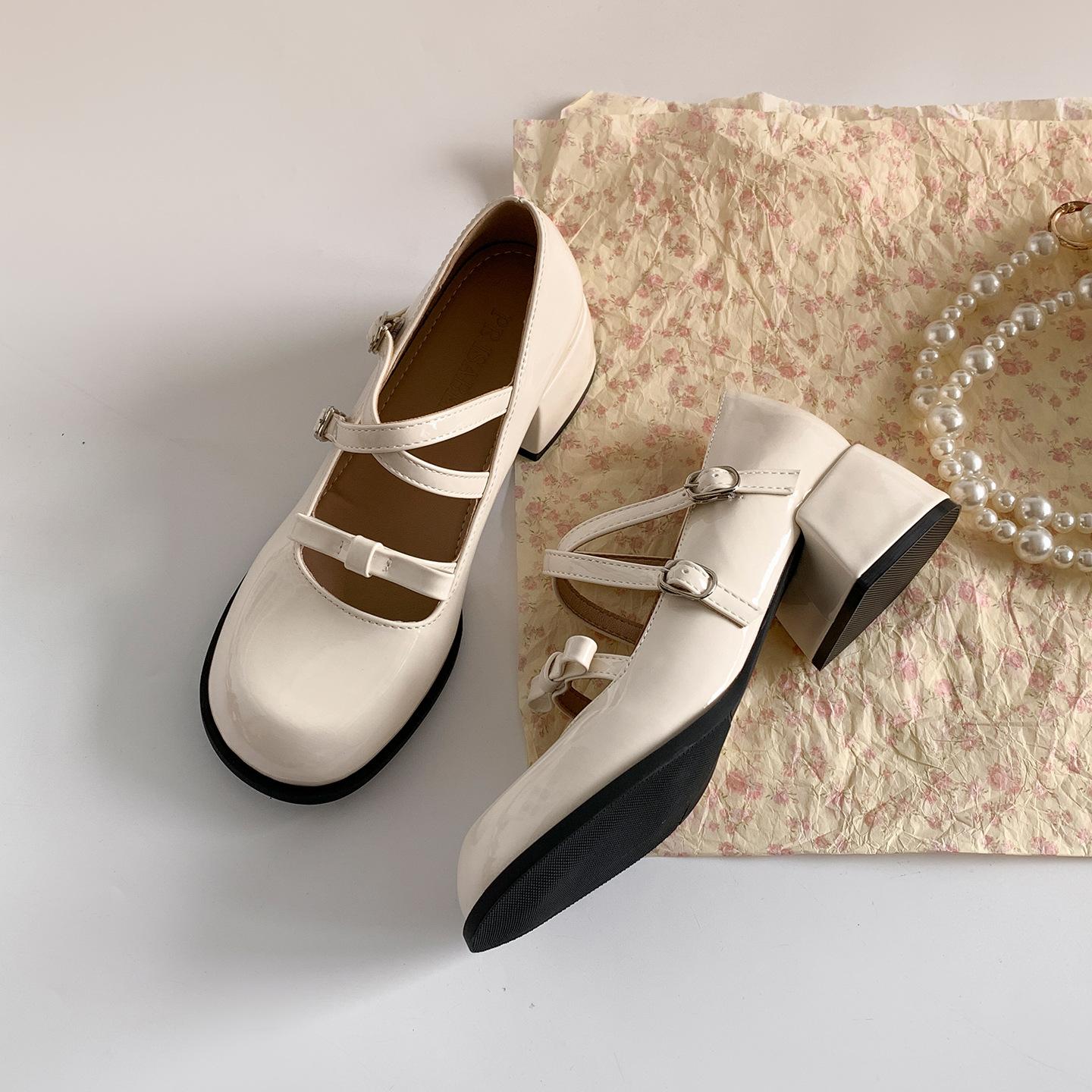 

Red French round head light mouth thick high heel single shoes women s summer 2025 new skirt versatile height-increasing Mary Jane shoes 35 бежевый