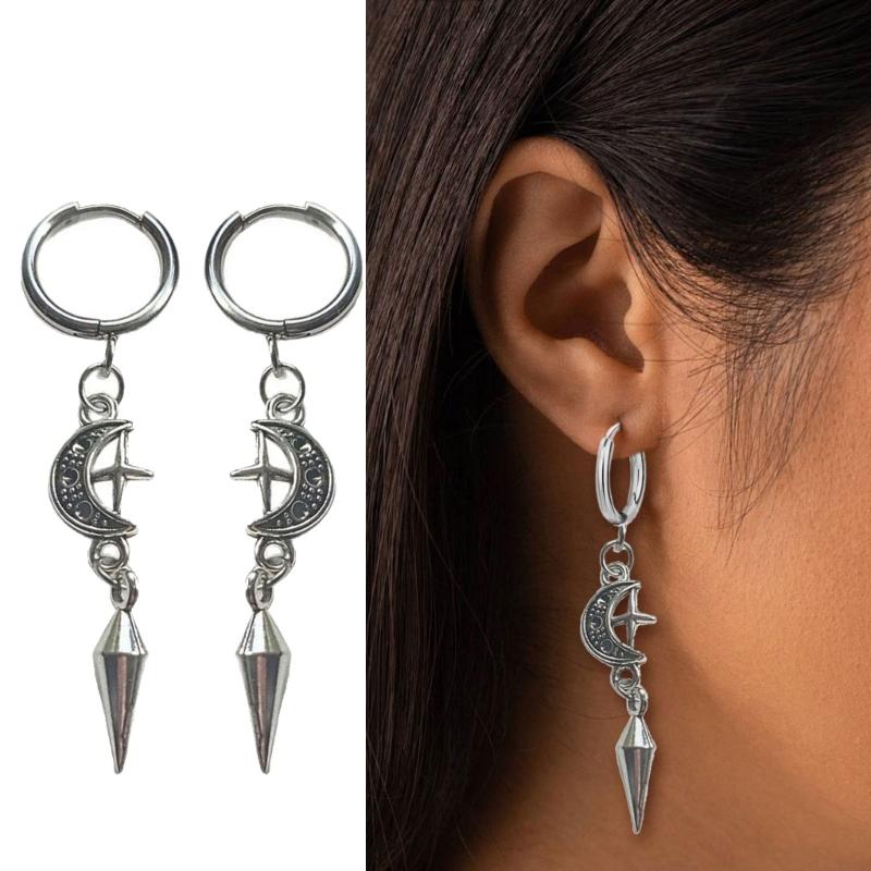Gothic Spikes Earrings with Moon and Star Pendant Comfortable Ear Hoops Stylish Punk Accessories for Women Man