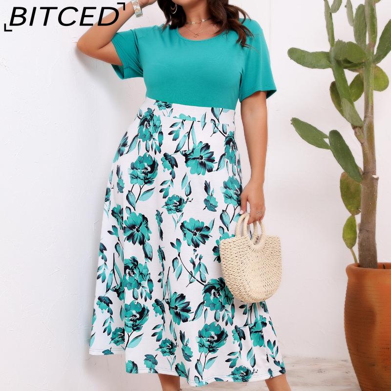 

BITCED Plus Size Women s Elegant Floral Patchwork O-Neck Waist-Defining Full-Skirt Dress XXXXL небо синє кольору