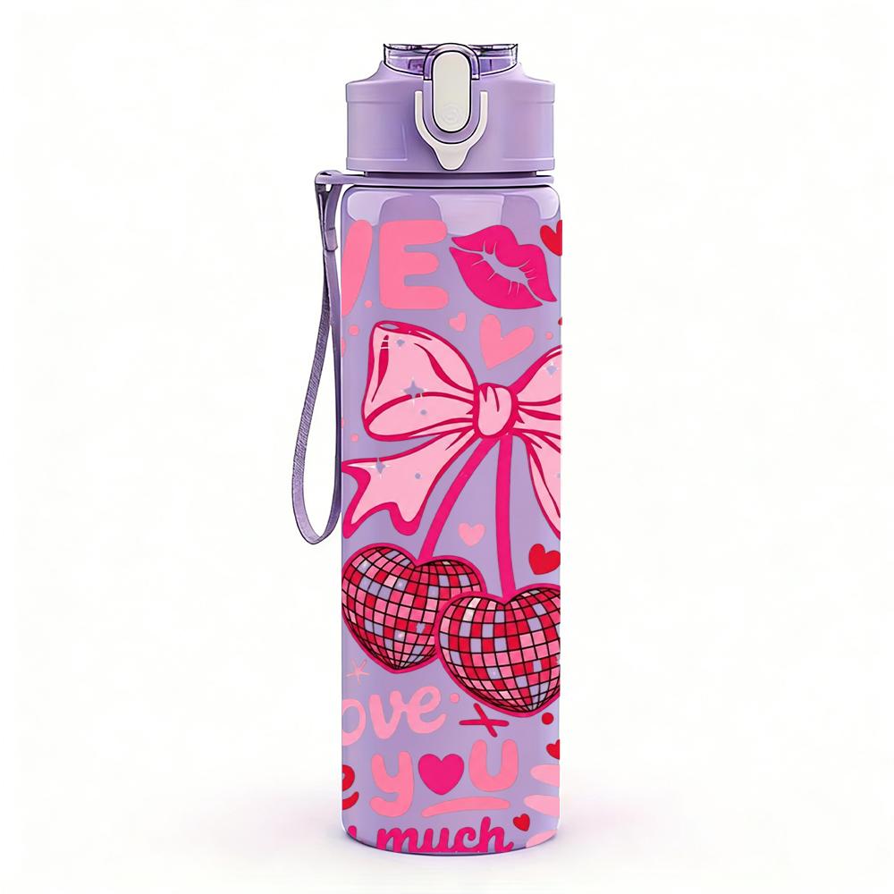 1PC Lip Kiss Bow Love Heart 750ml Color Plastic Sports Water Bottle Leakproof Flip Straw Lid Suitable for Sports Office Home Use