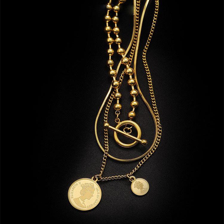 New 316L Stainless Steel Geometric Round Medal Pendant T Chain Multilayer Chain Necklace Necklace Ladies Wedding Accessories