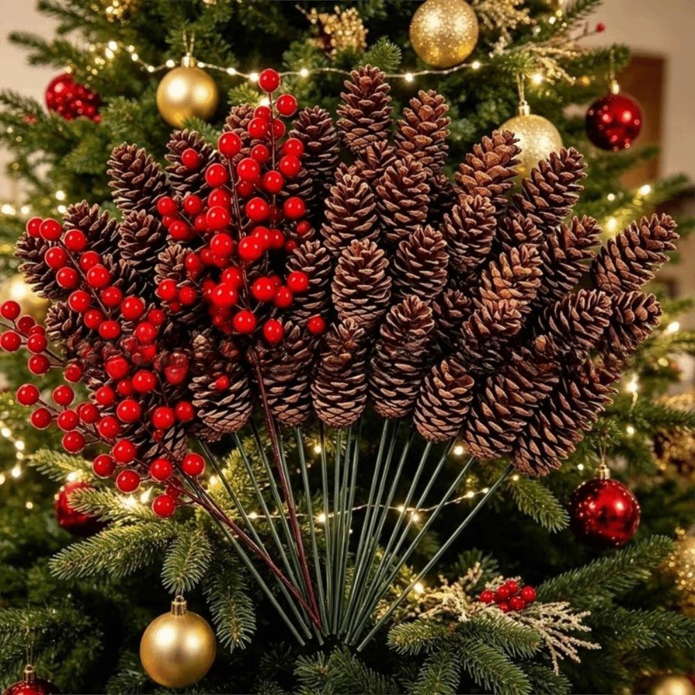 10pcs Ornaments Artificial Plants Pine Needles Red Fruits Christmas Tree Decorations New Year
