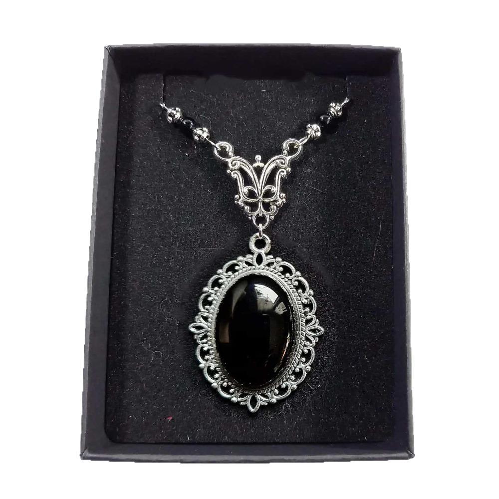 Collana Pendente Vittoriana Gotica Argentata a Rete Ovale con Agata Nera Naturale per Uomini Donne Halloween Gioielli Romantici da Strega