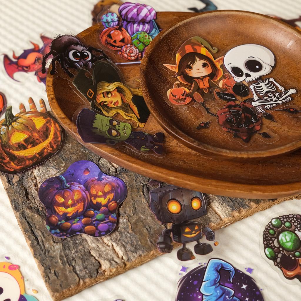 50pcs PET Halloween stickers, featuring cartoon ghosts, black cats, waterproof witches designs for holiday parties gifts for kid