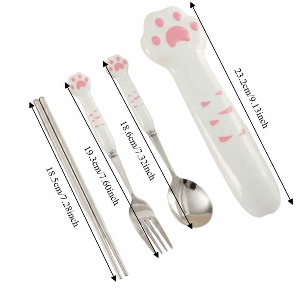 Cute Cat Paw Cutlery Set Portable Fork Spoon Set Meal Accessories Boxed Tableware  Tourism