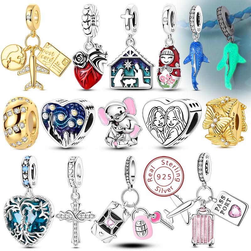 S Original Copper Charms Beads Cross Heart Whale Shark Airplane Charms Fit Bracelet Woman Diy Jewelry Gift