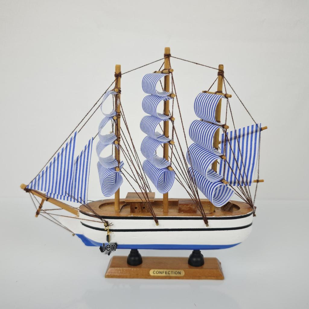 24cm Wooden Sailboat Model Mediterranean Decor