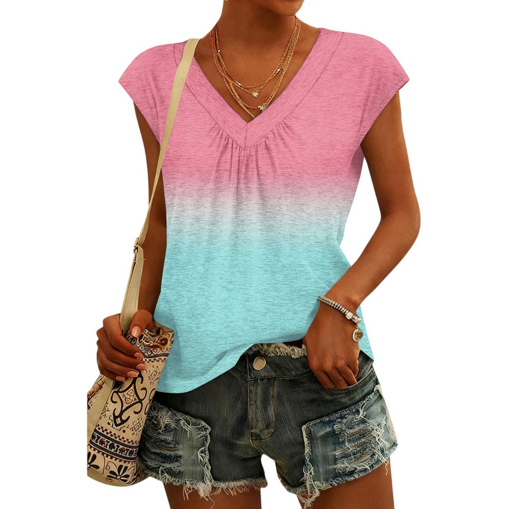 Women's Fashion V-neck Gradient Print Short Sleeve Top