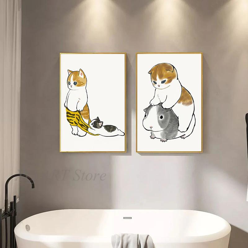 Toilet Cat Playing Mobile Phone Paper Poster Simple Pet Prints Canvas Painting Wall Art Pictures Home Bathroom Room Decoration