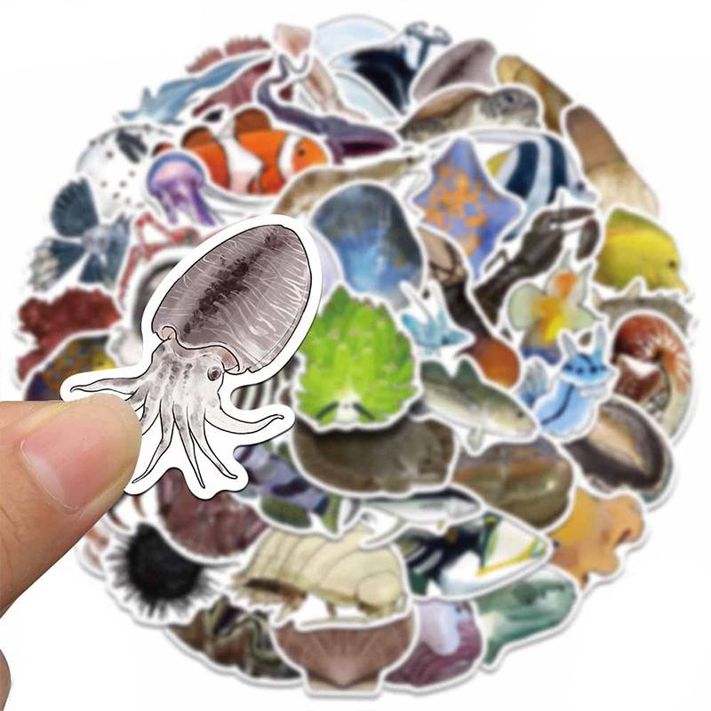 50PCS Deep Sea Fish Stickers Pack Ocean Animal Sticker Under The Sea Animal Fish Turtle Stickers Waterproof Vinyl Decals