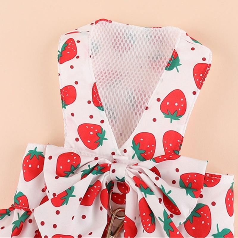 Lovely Strawberry Print Pet Dress Harnesses Holiday Washable Pet Costume with Bowknot and Matching Leashes