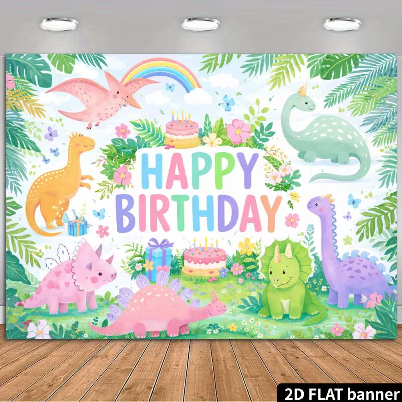 

2D Cute Dino Birthday Backdrop - Watercolor Pastel Dinosaur Banner for Toddler Kids Birthday Party Photoshoot 47.2x31.5inch/120*80cm