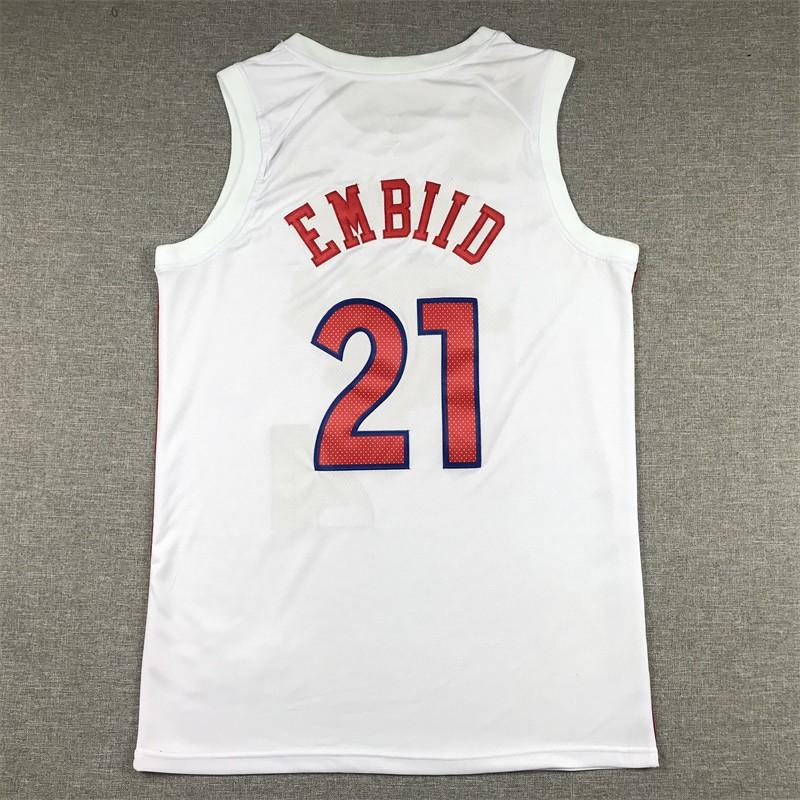 Mens Embroidered Philadelphia 76ers 21 Joel Embiid Basketball Jersey Training Shirt Cotton Blend