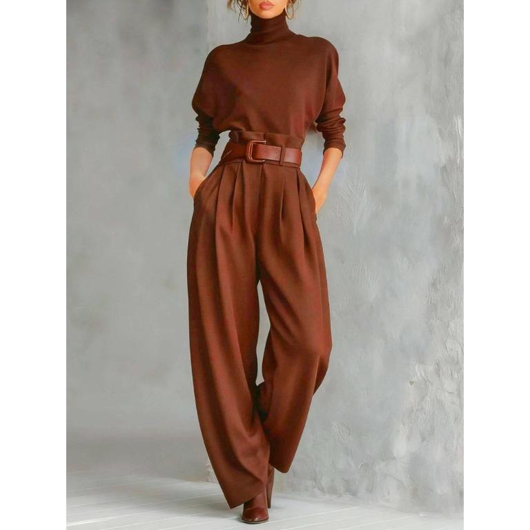 Conjunto de Dos Piezas para Mujer con Cuello Alto, Mangas Largas, Pantalones de Pierna Ancha de Cintura Alta y Cinturón