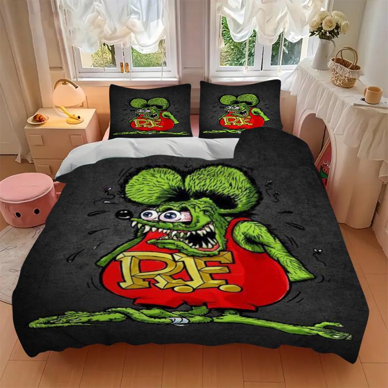 3Pcs Rat Fink Sign Bedding Set Soft Fabric Duvet Cover Pillowcases Home Christmas Xmas Halloween Gift 1 Duvet Cover 2 Pillowcase L1132