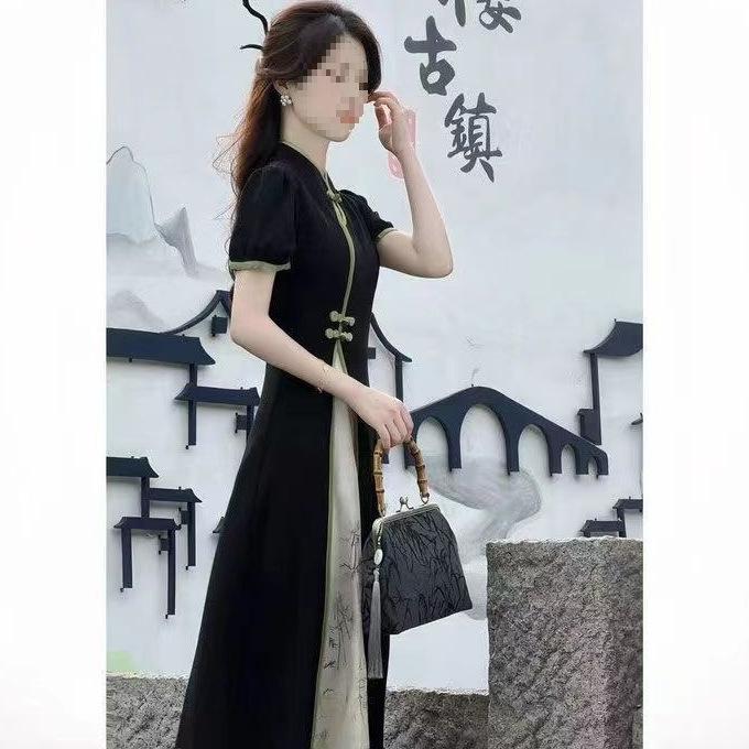 Elegant Summer Qipao Dress with Frog Buttons and Stand Collar - Slim Fit Patchwork Long Skirt