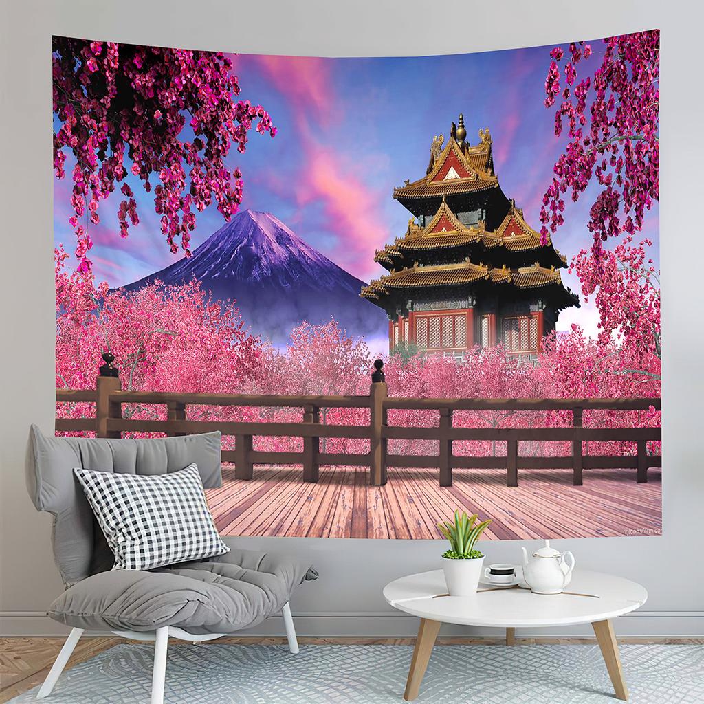 Mountain Fuji Japan Tapestry Cherry Sakura Blossom Temple Tapestry Wall Hanging Decor Tapestries Bedroom Home Living Room Dorm