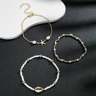 3 Pcs Beach Beaded Anklet Set for Women Vintage Summer Gold Color Starfish Shell Charms Anklet Vacation Daily Wear Jewelry Gifts