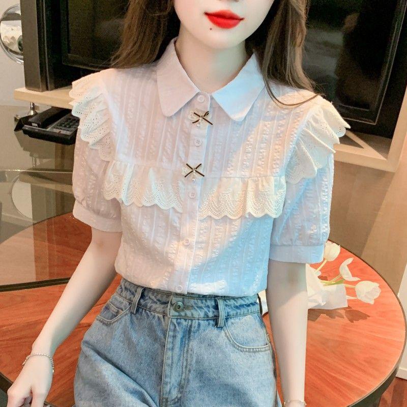 Summer 2025 New Women's Cotton Shirt Western Style Niche Short-sleeved Lace Blouse 925