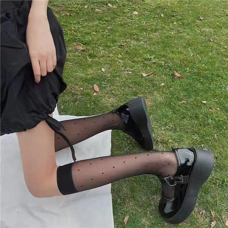 1Pair/2Pairs/3Pairs,Black Polka Dot Mesh Calf Socks, All-match Thin Breathable Knee High Socks, Women's Stockings & Hosiery