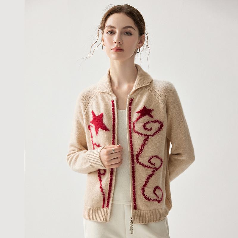 Jacquard Cashmere Cardigan - Women's Lapel Star Print Color Block Jacket (Autumn/Winter 2026)