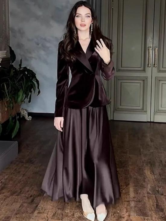 2025 Autumn European & American Elegant Solid Color Top and Skirt Set