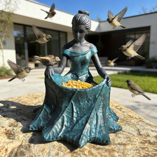 Fairy Garden Statue Bird Feeder And Bird Bath Resin Outdoor Decorative Girl Sculpture for Garden Lawn Patio Yard Decor