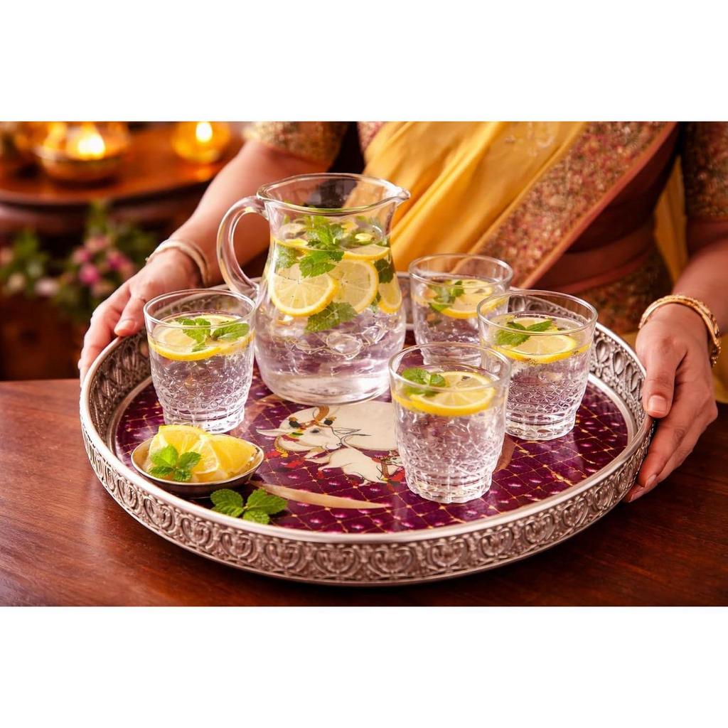 Handcrafted German Silver Pichwai Cow Design Tray 8 Inch | Round Pooja Thali | Decorative Serving Tray