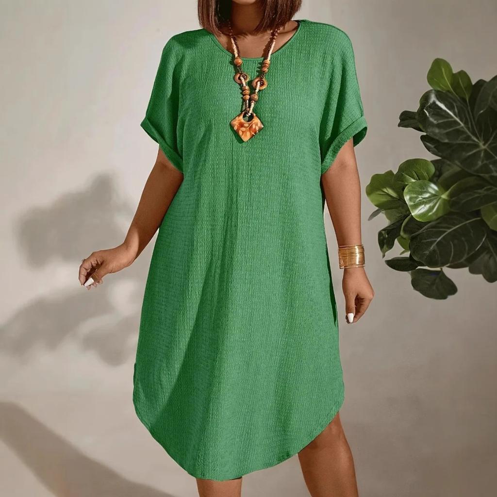 European and American Large-size Women's Clothing New Short-sleeved Solid Color Dress