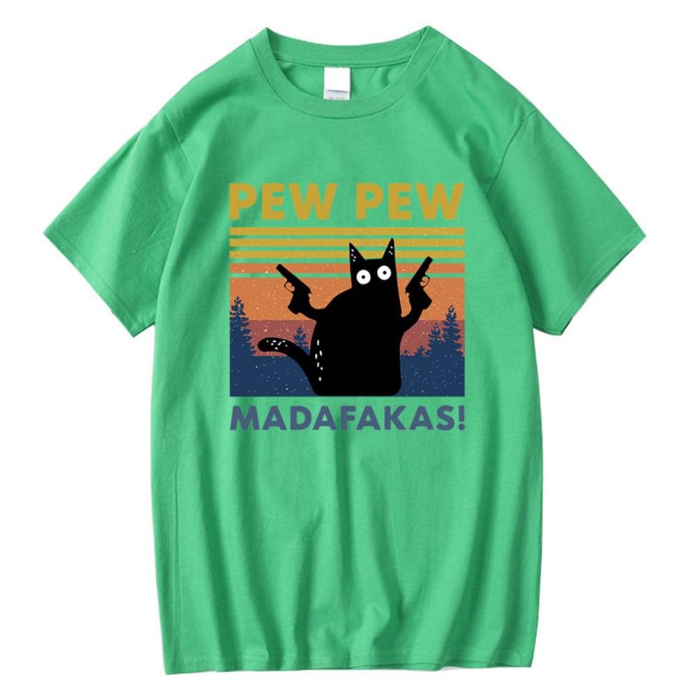 Pew Pew Madafakas Tshirt Men Short Sleeve Novelty Funny Cat T Shirt Loose Tops Shirts Tee T-Shirt Crew Neck Streetwear