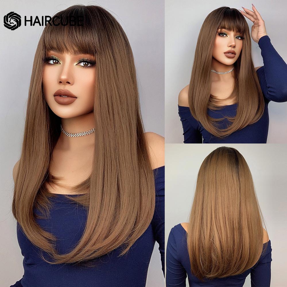 Long Wavy Layered Black-Brown Shoulder-Length Wigs With Bangs Heat Resistant Synthetic Wigs for Women Cosplay Daily Natural Wigs