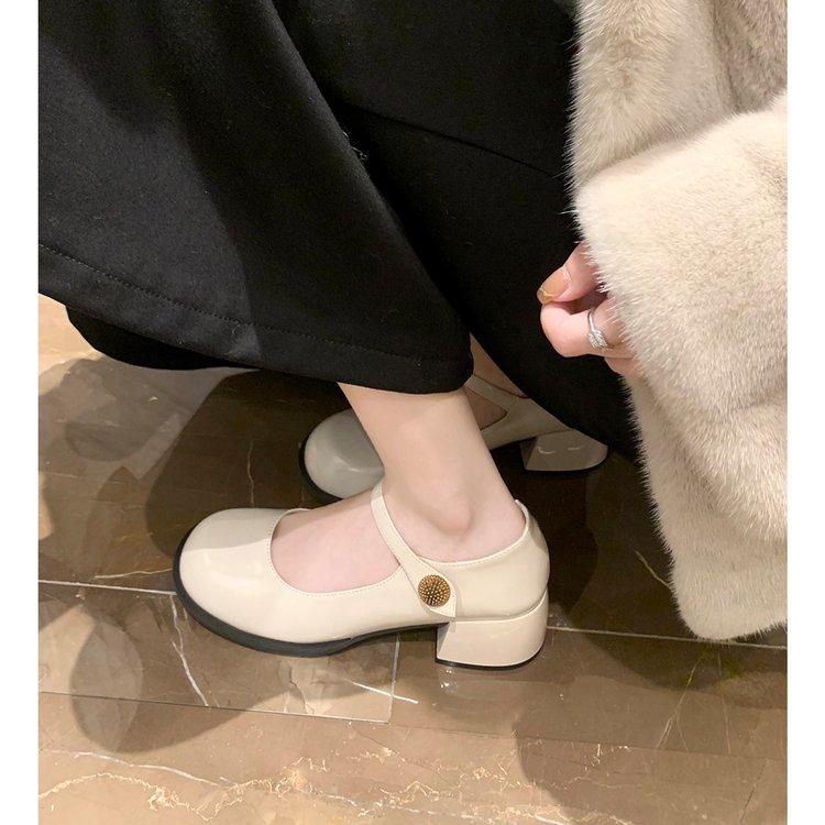 2025 Women's Round Toe One-Strap Mary Jane Shoes Spring Autumn Thick Heel Genuine Leather Mid-Heel Low-Cut High Heels