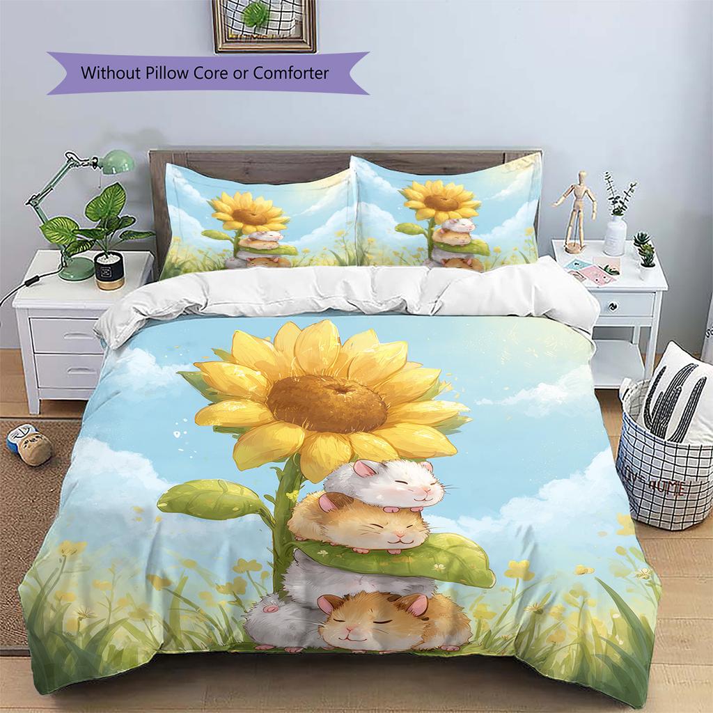 Watercolor Sunflower Pattern Bedding Quilt Set Home Decoration Gift (1 * duvet cover + 2 * pillowcase without core)
